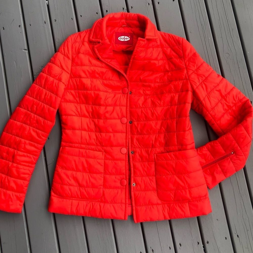 2/$25 🍣 Women’s Slim Puffer Red Orange Down Jacket Snap Buttons Size Medium